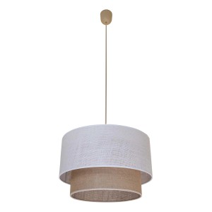 Nowoczesna lampa wisząca t.b.t. z dwupoziomowym abażurem w kolorze białym i beżowym.