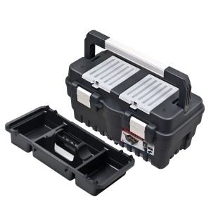 Czarna skrzynka narzędziowa z uchwytem i wyjmowaną wkładką.