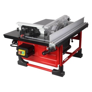 Pilarka stołowa t.b.t. z czerwoną ramą i czarnym stołem.