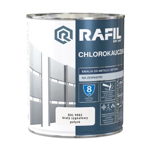 Puszka farby antykorozyjnej Rafil Chlorokauczuk, RAL 9003, biała, do metalu i betonu.