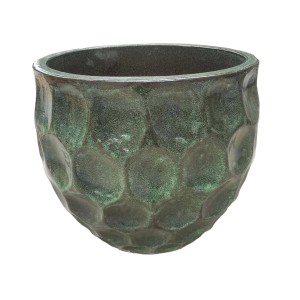 Zielona doniczka t.b.t. o teksturowanej powierzchni do użytku wewnątrz i na zewnątrz.