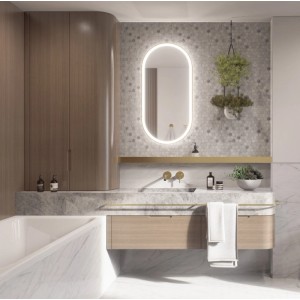 Nowoczesna łazienka z podświetlanym lustrem (t.b.t.) i marmurową umywalką.