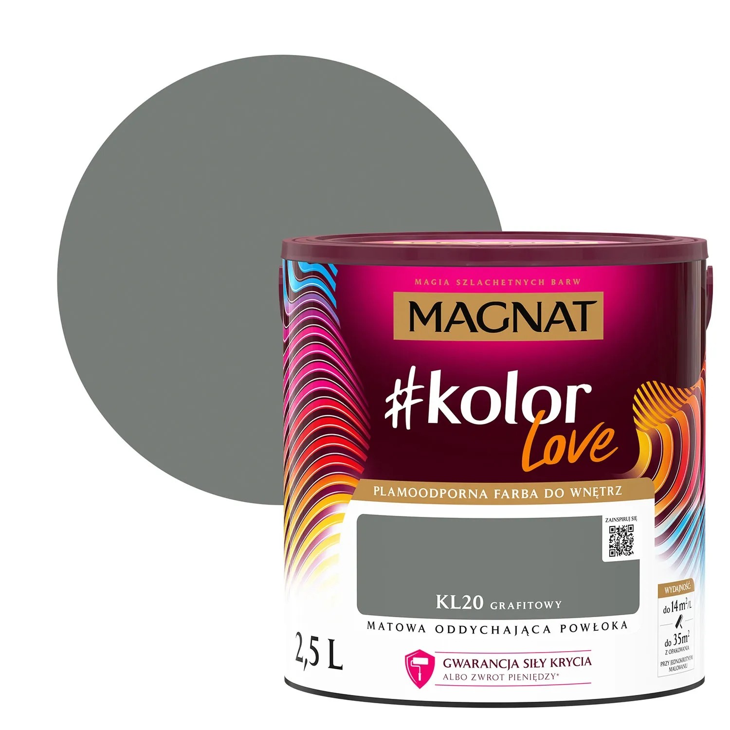 Szara farba do ścian Magnat, kolor KL20 Grafitowy, puszka 2,5L.
