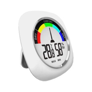 Biały termometr cyfrowy t.b.t. wyświetlający temperaturę i wilgotność.