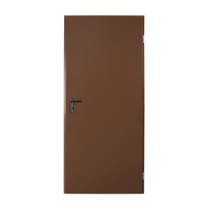 Brązowe drzwi stalowe z klamką, odpowiednie do użytku wewnątrz i na zewnątrz.