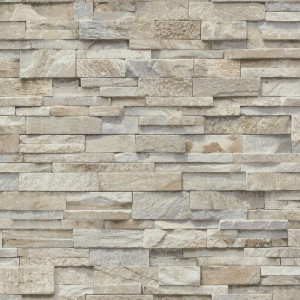 Tapeta dekoracyjna imitująca kamień, beżowo-szara. Aranżacja ściany z t.b.t.