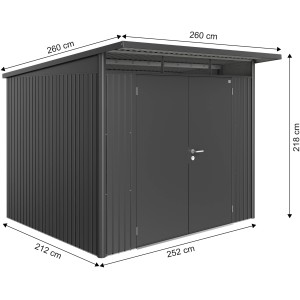 Metalowy domek narzędziowy Biohort AvantGarde A6, ciemnoszary metalik, z podwójnymi drzwiami i wymiarami.