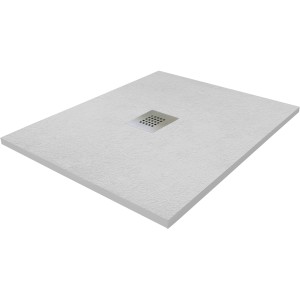 Prostokątny, biały brodzik z kwadratowym odpływem pośrodku.