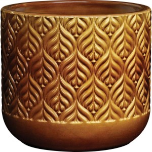 Złota doniczka t.b.t. z motywem liści do użytku wewnątrz i na zewnątrz.