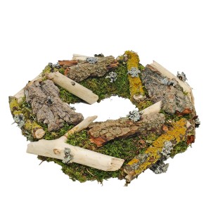Dekoracyjny wieniec roślinny z mchu, kory i gałęzi do roślin doniczkowych.