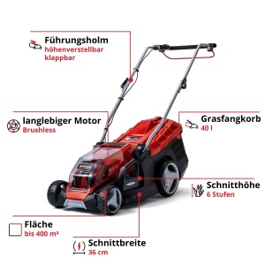Akumulatorowa kosiarka Einhell GE-CM 36/36 Li z akumulatorami, czerwono-czarna. Do powierzchni do 400 m².
