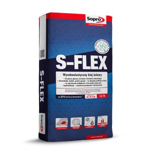 Klej żelowy Sopro S-Flex do płytek, wysokoelastyczny, w niebieskim worku.