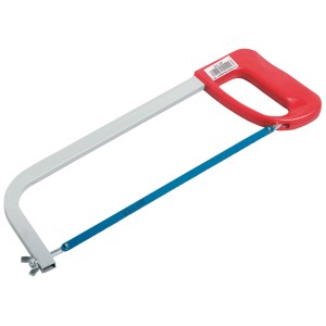 Piła do metalu 300 mm z czerwonym plastikowym uchwytem i niebieskim brzeszczotem.