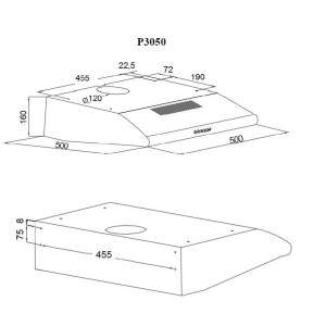 Rysunek techniczny okapu płaskiego t.b.t. z wymiarami.