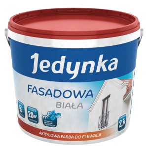 Wiadro białej farby fasadowej Jedynka, do użytku zewnętrznego.