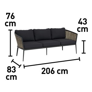 Zdjęcie z wymiarami zestawu mebli ogrodowych t.b.t.: 206x83x76 cm.