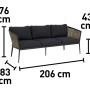 Zdjęcie z wymiarami zestawu mebli ogrodowych t.b.t.: 206x83x76 cm.