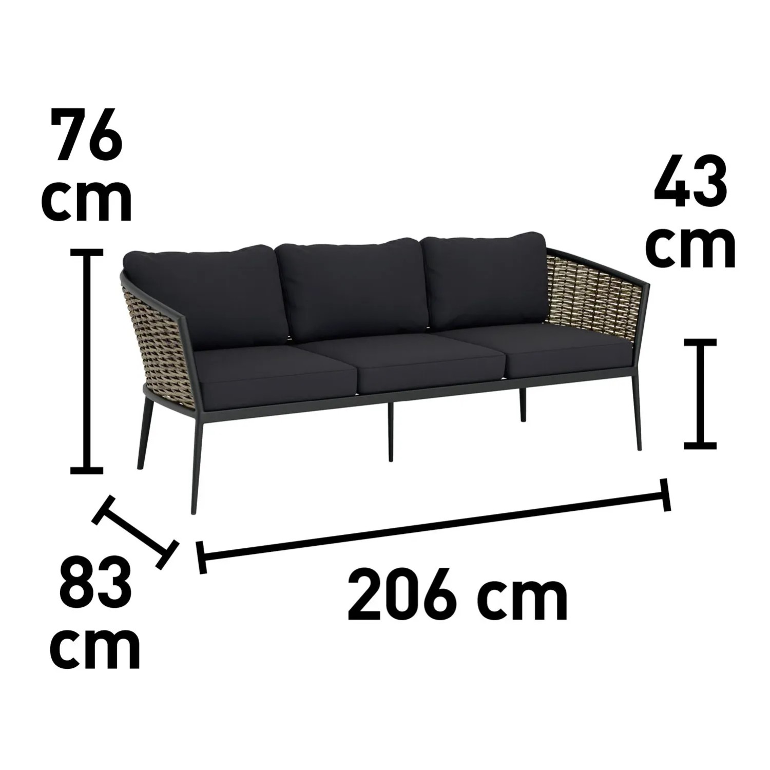 Zdjęcie z wymiarami zestawu mebli ogrodowych t.b.t.: 206x83x76 cm.