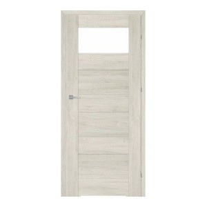 Jasne kolorowe drzwi wewnętrzne z wstawką szklaną i poziomymi listwami ozdobnymi.