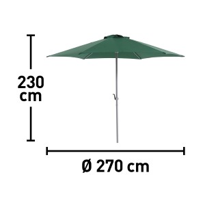 Okrągły, zielony parasol przeciwsłoneczny o średnicy 270 cm. Parasol targowy ze stalową ramą i ochroną UV 50.