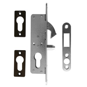 Zestaw rygla i akcesoriów, składający się z rygla, zaczepów i rozetek kluczy.