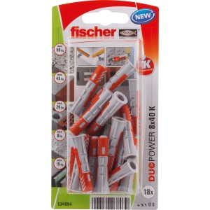 Kołki Fischer Duopower 8x40 K, opakowanie 18 szt., szare i czerwone, do bezpiecznego mocowania w różnych materiałach budowlanych.