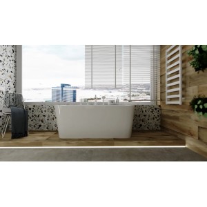 Wolnostojąca wanna w nowoczesnej łazience z akcentami drewna i lastryko.