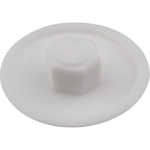 Biała zaślepka do śrub meblowych.