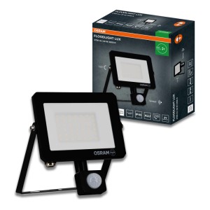 Czarny reflektor LED z czujnikiem ruchu i opakowaniem.