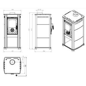 Rysunek techniczny pieca z wymiarami, widoki z przodu, z boku i z góry.