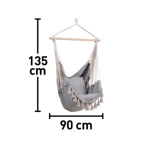 Krzesło wiszące Lytton szare/naturalne, wygodne krzesło huśtawkowe z drewnianym drążkiem i bawełnianym pokrowcem na relaksujące chwile.