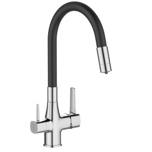 Bateria jednouchwytowa t.b.t. z czarną, elastyczną wylewką i chromowanym wykończeniem.