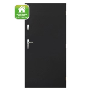 Czarne drzwi zewnętrzne (t.b.t.) ze srebrną klamką i znakiem "Czyste Powietrze".