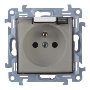 Gniazdko t.b.t. z klapką, szare, do pomieszczeń wilgotnych.