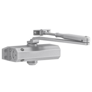 Srebrny samozamykacz do drzwi z ramieniem, Rygle i zasuwy.