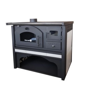 t.b.t. Piec na drewno / kuchnia, czarna z piekarnikiem i płytą grzewczą.