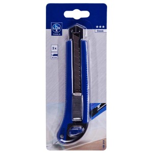 Nóż segmentowy LUX Classic, 100 mm, z niebieską rękojeścią i metalową prowadnicą w blistrze.