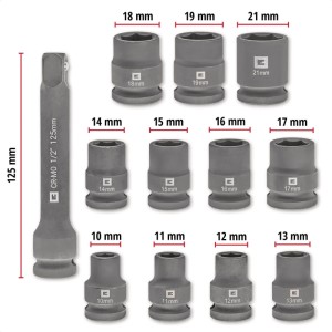 Einhell 12-częściowy zestaw nasadek udarowych z przedłużką, rozmiary 10-21 mm, do samochodów i kluczy udarowych.
