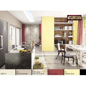 Jasna kuchnia z kolorowymi ścianami (żółty, czerwony, szary) i próbkami kolorów Kolorowe farby do ścian.