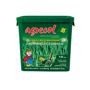 Zielone wiadro nawozu do trawników Agrecol do zwalczania chwastów, 10 kg.