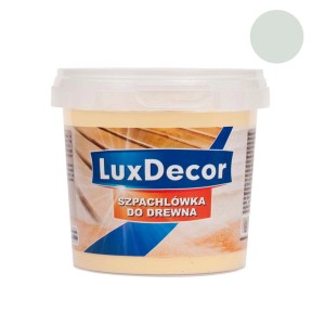 Szpachla do drewna LuxDecor w puszce, próbka koloru w prawym górnym rogu.