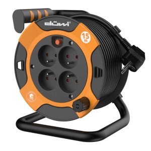 Przedłużacz na bębnie z 4 gniazdami i kablem 15m, pomarańczowo-czarny.
