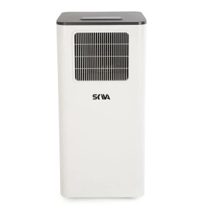 Biały klimatyzator t.b.t. z kratką wentylacyjną i ciemnym blatem.