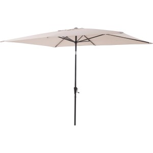 Beżowy parasol balkonowy t.b.t. z prostokątnym kloszem i czarną ramą.