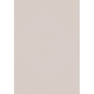 Dywan t.b.t. z krótkim włosiem, geometryczny wzór w kolorze beżowym.