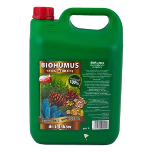 Zielony kanister nawozu do iglaków Biohumus, 5l, z motywem szyszek.