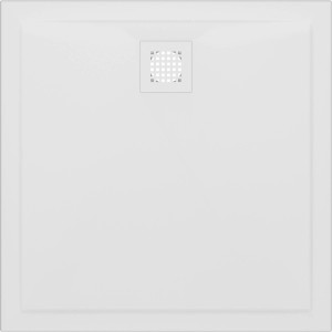Kwadratowy, biały brodzik z odpływem.