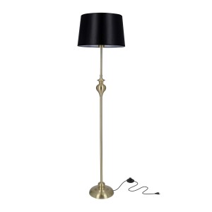 Elegancka lampa podłogowa z czarnym abażurem i złotą ramą do nastrojowego oświetlenia.