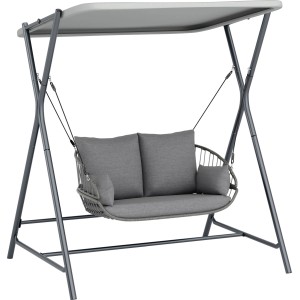 Szara huśtawka ogrodowa t.b.t. z daszkiem i poduszkami dla 2 osób.