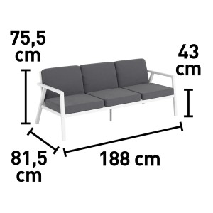 Wymiary zestawu mebli ogrodowych t.b.t.: wysokość 75,5 cm, wysokość siedziska 43 cm, szerokość 81,5 cm, długość 188 cm.